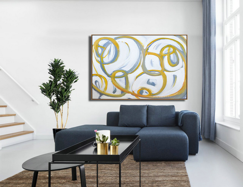 Handmade Painting Large Abstract Art,Horizontal Palette Knife Contemporary Art,Abstract Painting On Canvas,White,Yellow,Grey.etc